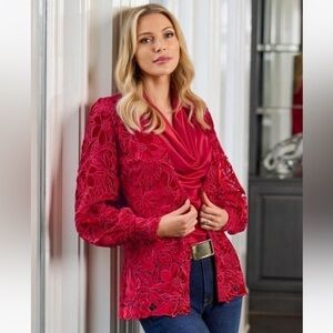 Boston Proper Women’s Velvet Floral Lace Duster Racing Red Size Small